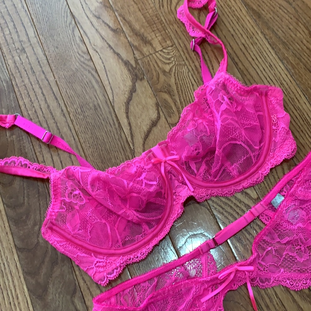 Neon Pink Lace Bra and Adjustable Garter Set